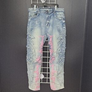 GRINDHOUSE STREETWEAR JEANS with PINK GRAPHICS, SIZE 38X32